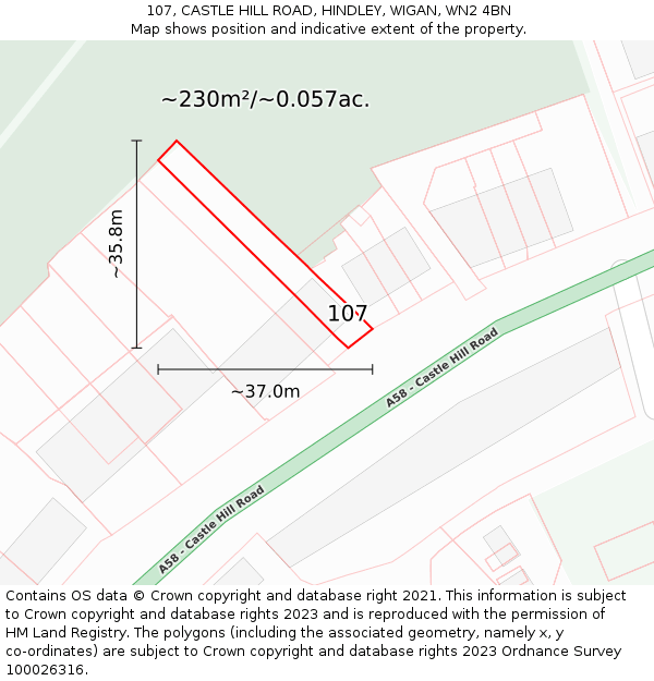 107, CASTLE HILL ROAD, HINDLEY, WIGAN, WN2 4BN: Plot and title map