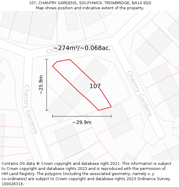 107, CHANTRY GARDENS, SOUTHWICK, TROWBRIDGE, BA14 9QS: Plot and title map