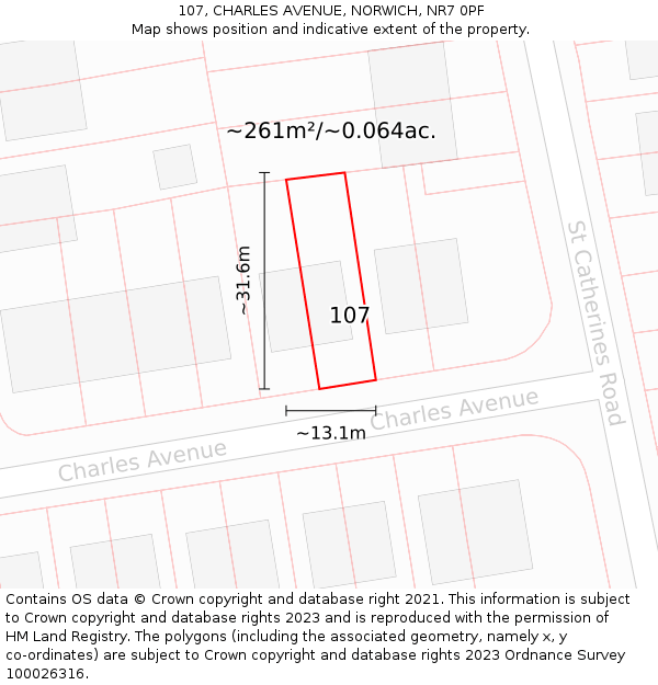 107, CHARLES AVENUE, NORWICH, NR7 0PF: Plot and title map