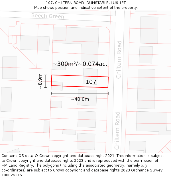 107, CHILTERN ROAD, DUNSTABLE, LU6 1ET: Plot and title map