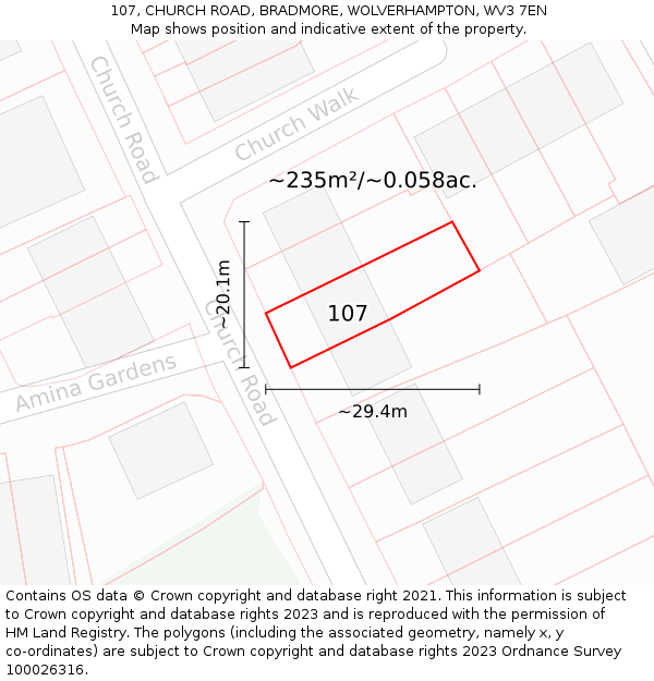 107, CHURCH ROAD, BRADMORE, WOLVERHAMPTON, WV3 7EN: Plot and title map