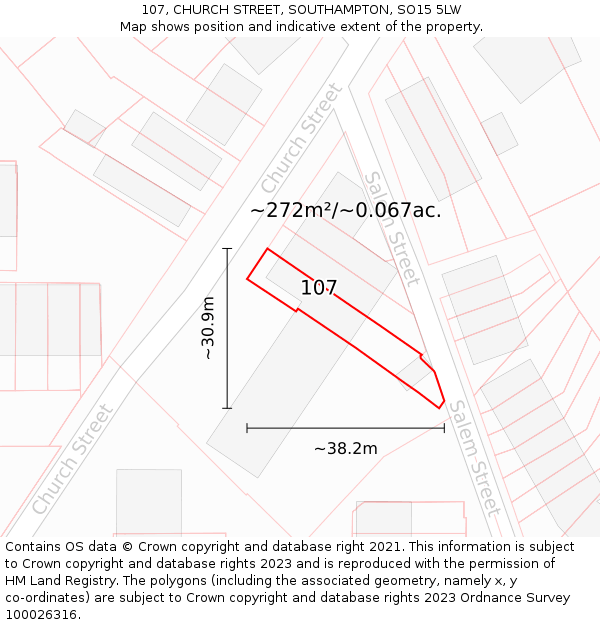 107, CHURCH STREET, SOUTHAMPTON, SO15 5LW: Plot and title map