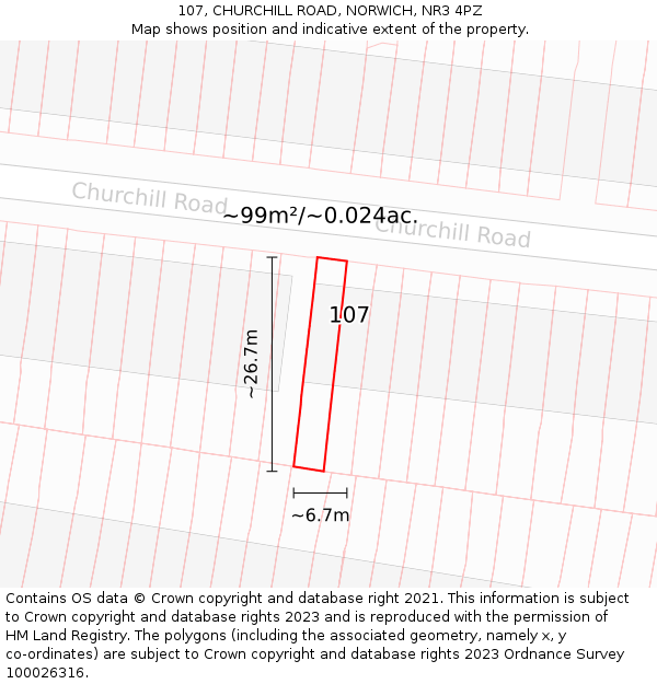 107, CHURCHILL ROAD, NORWICH, NR3 4PZ: Plot and title map