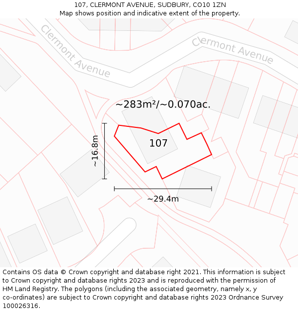 107, CLERMONT AVENUE, SUDBURY, CO10 1ZN: Plot and title map