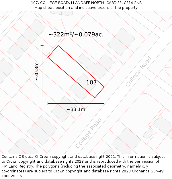 107, COLLEGE ROAD, LLANDAFF NORTH, CARDIFF, CF14 2NR: Plot and title map