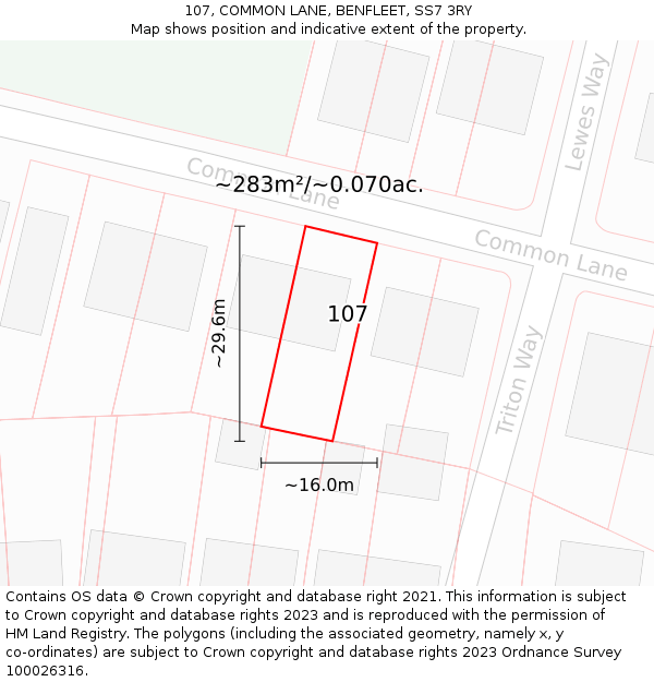 107, COMMON LANE, BENFLEET, SS7 3RY: Plot and title map