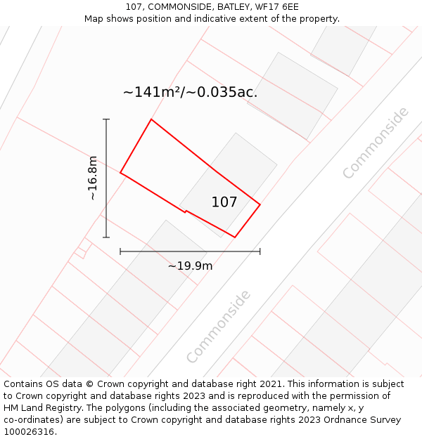 107, COMMONSIDE, BATLEY, WF17 6EE: Plot and title map
