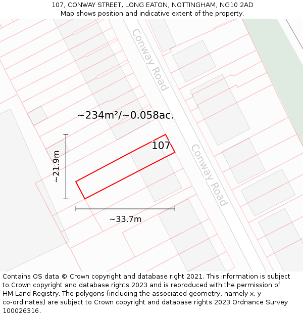 107, CONWAY STREET, LONG EATON, NOTTINGHAM, NG10 2AD: Plot and title map