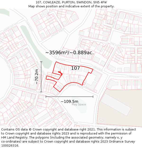 107, COWLEAZE, PURTON, SWINDON, SN5 4FW: Plot and title map