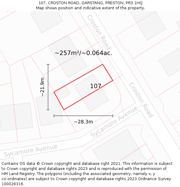 107, CROSTON ROAD, GARSTANG, PRESTON, PR3 1HQ: Plot and title map