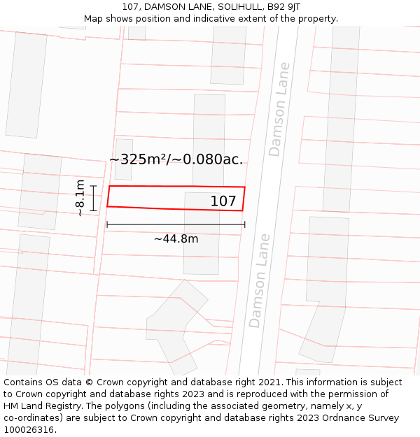 107, DAMSON LANE, SOLIHULL, B92 9JT: Plot and title map