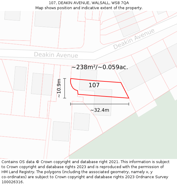 107, DEAKIN AVENUE, WALSALL, WS8 7QA: Plot and title map