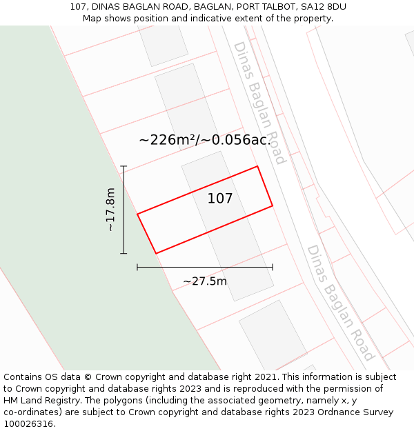 107, DINAS BAGLAN ROAD, BAGLAN, PORT TALBOT, SA12 8DU: Plot and title map