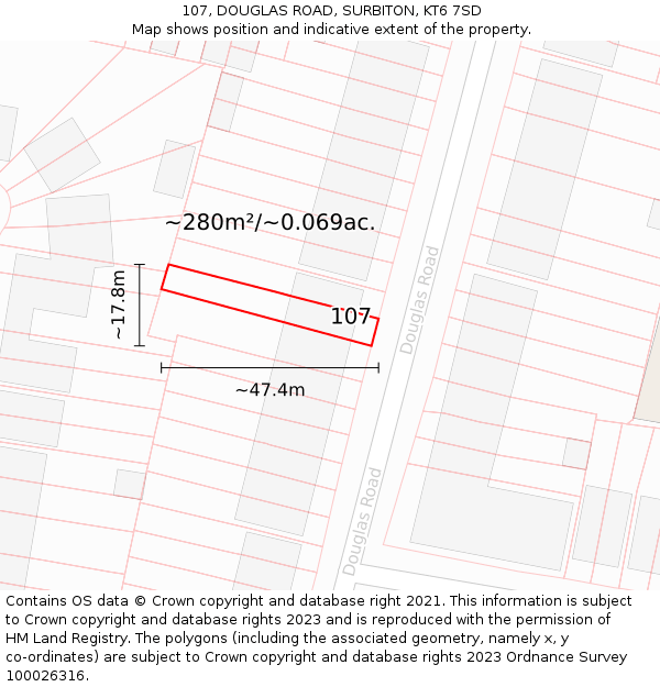 107, DOUGLAS ROAD, SURBITON, KT6 7SD: Plot and title map