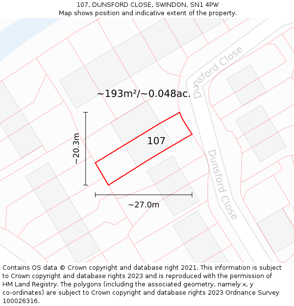 107, DUNSFORD CLOSE, SWINDON, SN1 4PW: Plot and title map