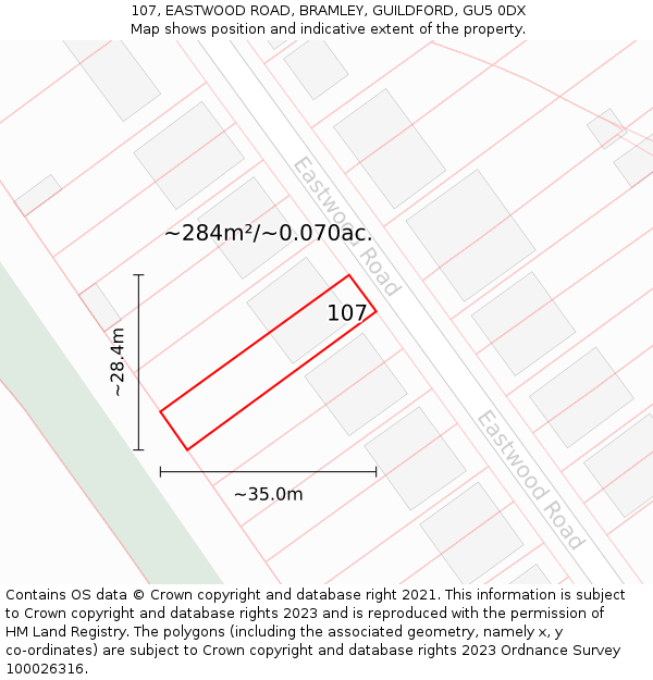 107, EASTWOOD ROAD, BRAMLEY, GUILDFORD, GU5 0DX: Plot and title map