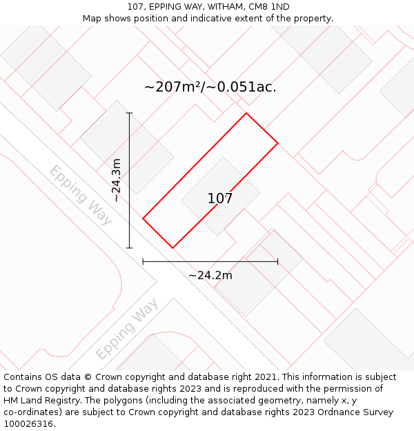107, EPPING WAY, WITHAM, CM8 1ND: Plot and title map