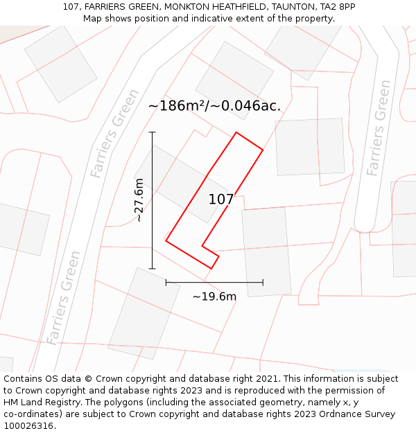 107, FARRIERS GREEN, MONKTON HEATHFIELD, TAUNTON, TA2 8PP: Plot and title map