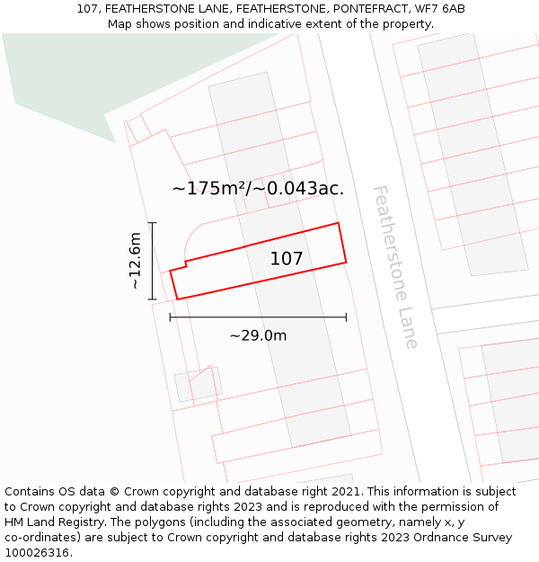 107, FEATHERSTONE LANE, FEATHERSTONE, PONTEFRACT, WF7 6AB: Plot and title map