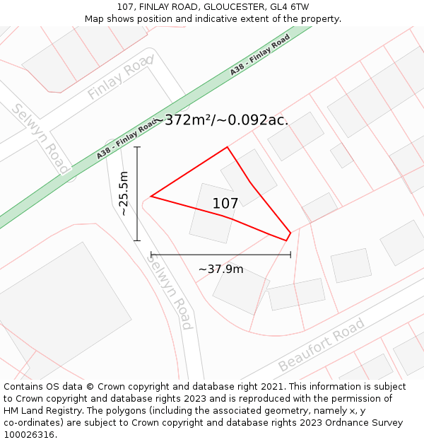 107, FINLAY ROAD, GLOUCESTER, GL4 6TW: Plot and title map