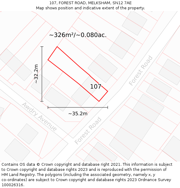 107, FOREST ROAD, MELKSHAM, SN12 7AE: Plot and title map