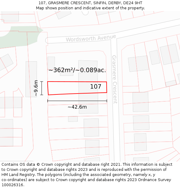 107, GRASMERE CRESCENT, SINFIN, DERBY, DE24 9HT: Plot and title map