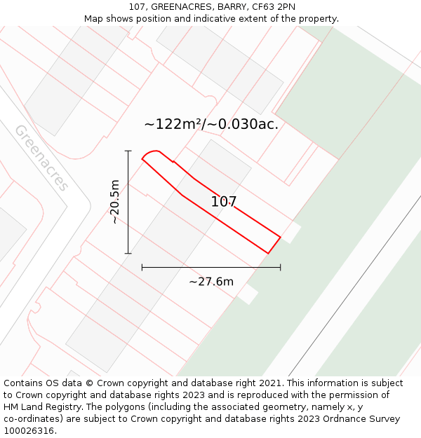 107, GREENACRES, BARRY, CF63 2PN: Plot and title map