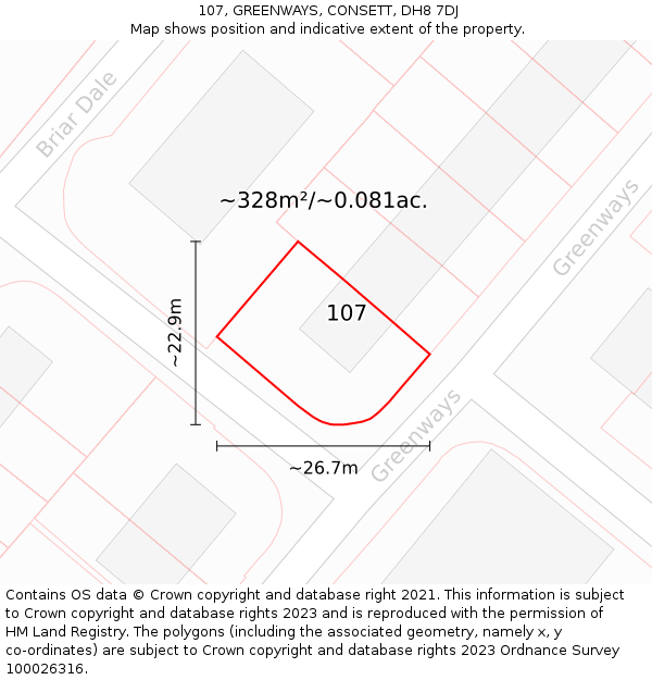 107, GREENWAYS, CONSETT, DH8 7DJ: Plot and title map