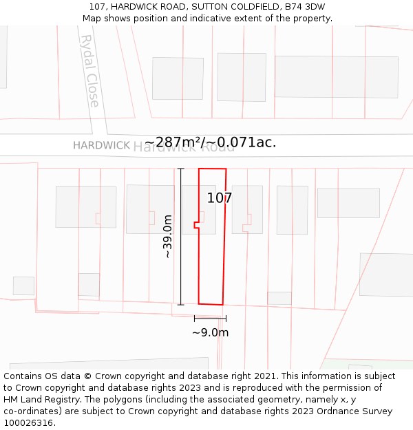 107, HARDWICK ROAD, SUTTON COLDFIELD, B74 3DW: Plot and title map