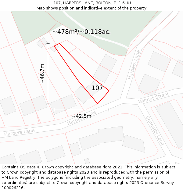 107, HARPERS LANE, BOLTON, BL1 6HU: Plot and title map