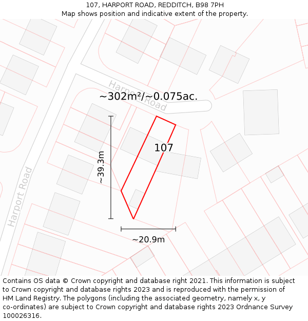 107, HARPORT ROAD, REDDITCH, B98 7PH: Plot and title map