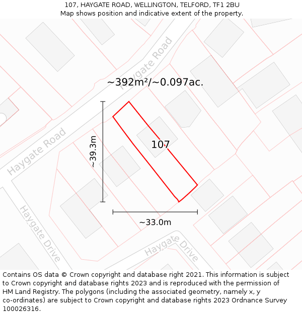 107, HAYGATE ROAD, WELLINGTON, TELFORD, TF1 2BU: Plot and title map