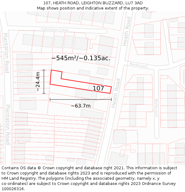 107, HEATH ROAD, LEIGHTON BUZZARD, LU7 3AD: Plot and title map