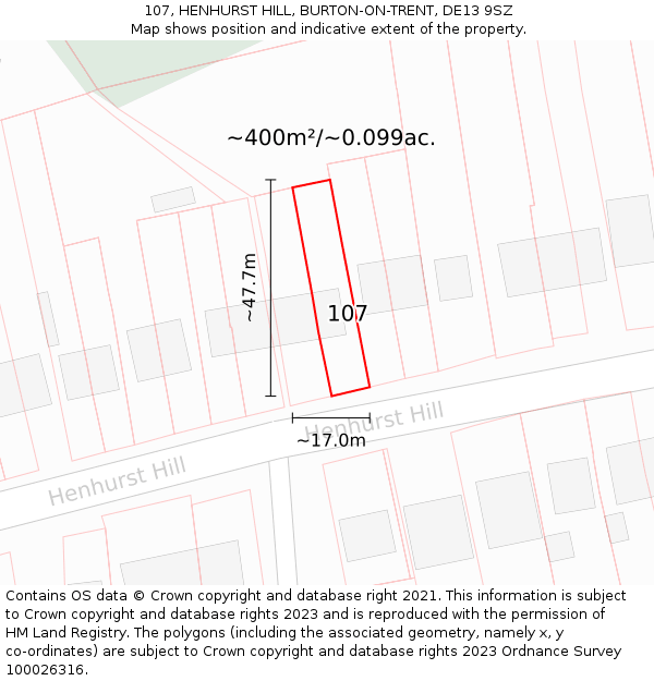 107, HENHURST HILL, BURTON-ON-TRENT, DE13 9SZ: Plot and title map