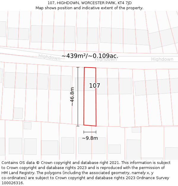 107, HIGHDOWN, WORCESTER PARK, KT4 7JD: Plot and title map