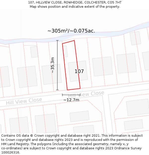 107, HILLVIEW CLOSE, ROWHEDGE, COLCHESTER, CO5 7HT: Plot and title map