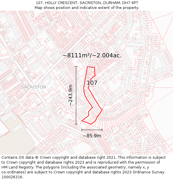 107, HOLLY CRESCENT, SACRISTON, DURHAM, DH7 6PT: Plot and title map