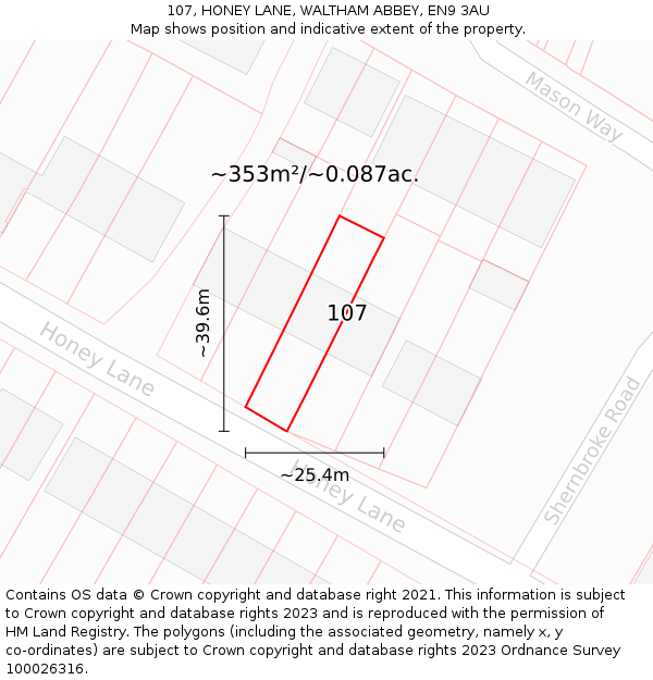 107, HONEY LANE, WALTHAM ABBEY, EN9 3AU: Plot and title map