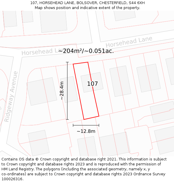 107, HORSEHEAD LANE, BOLSOVER, CHESTERFIELD, S44 6XH: Plot and title map