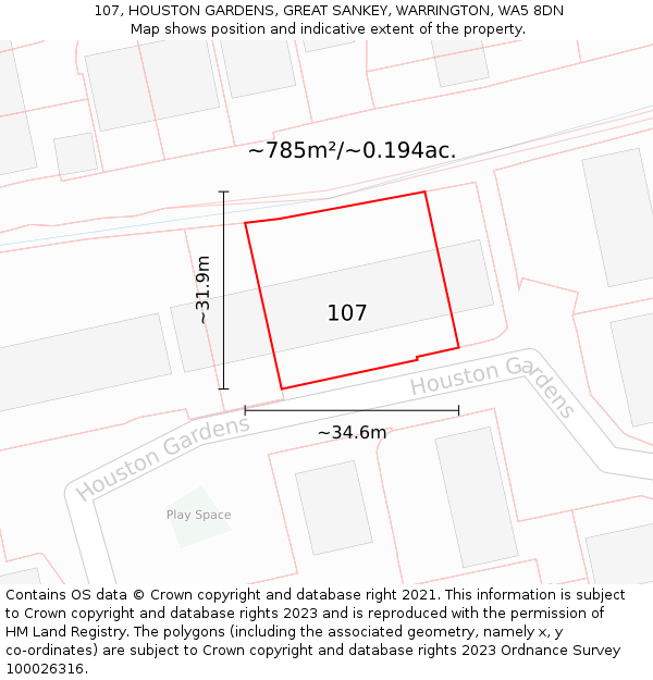 107, HOUSTON GARDENS, GREAT SANKEY, WARRINGTON, WA5 8DN: Plot and title map