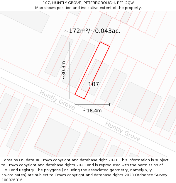 107, HUNTLY GROVE, PETERBOROUGH, PE1 2QW: Plot and title map