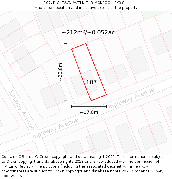 107, INGLEWAY AVENUE, BLACKPOOL, FY3 8LH: Plot and title map