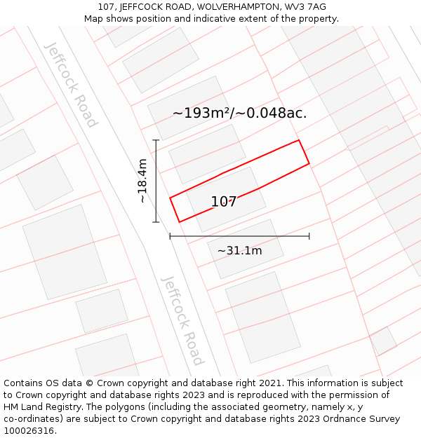 107, JEFFCOCK ROAD, WOLVERHAMPTON, WV3 7AG: Plot and title map
