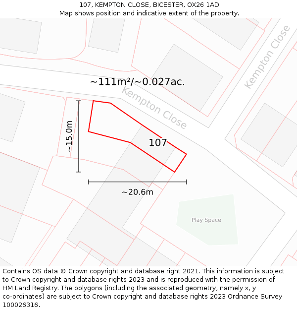 107, KEMPTON CLOSE, BICESTER, OX26 1AD: Plot and title map