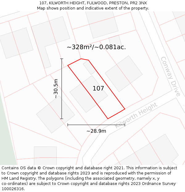 107, KILWORTH HEIGHT, FULWOOD, PRESTON, PR2 3NX: Plot and title map