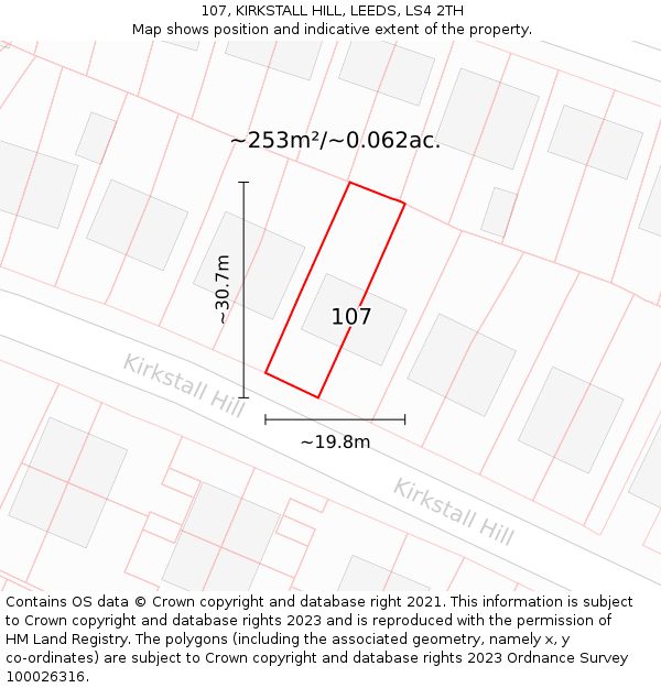 107, KIRKSTALL HILL, LEEDS, LS4 2TH: Plot and title map