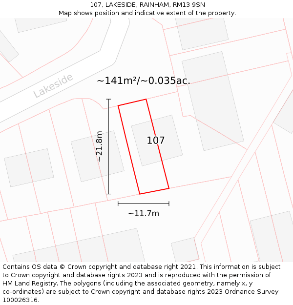 107, LAKESIDE, RAINHAM, RM13 9SN: Plot and title map