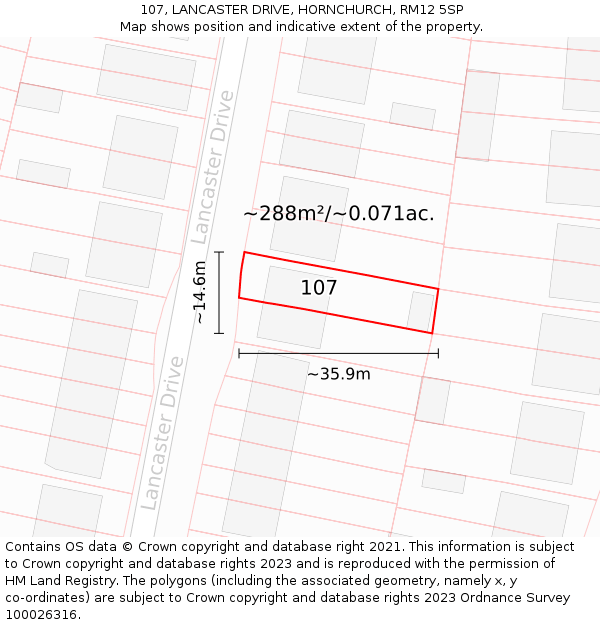 107, LANCASTER DRIVE, HORNCHURCH, RM12 5SP: Plot and title map