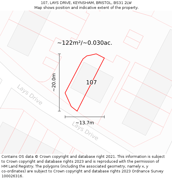 107, LAYS DRIVE, KEYNSHAM, BRISTOL, BS31 2LW: Plot and title map