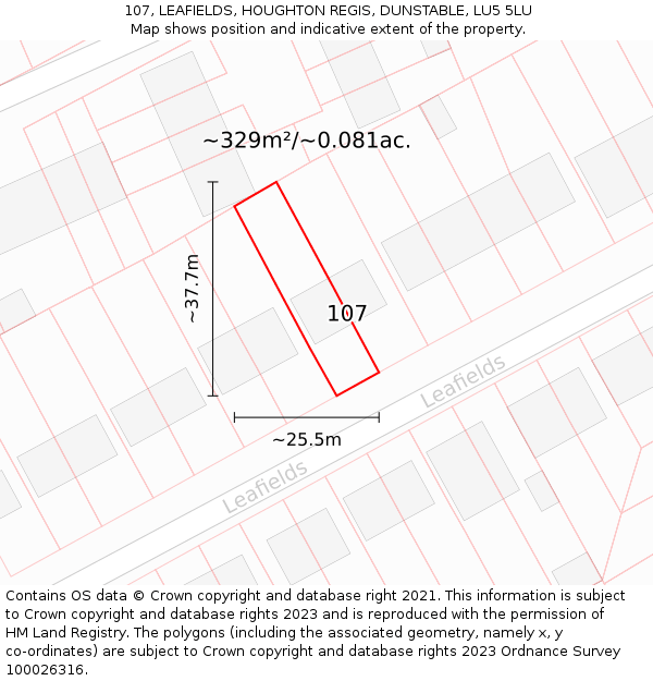 107, LEAFIELDS, HOUGHTON REGIS, DUNSTABLE, LU5 5LU: Plot and title map